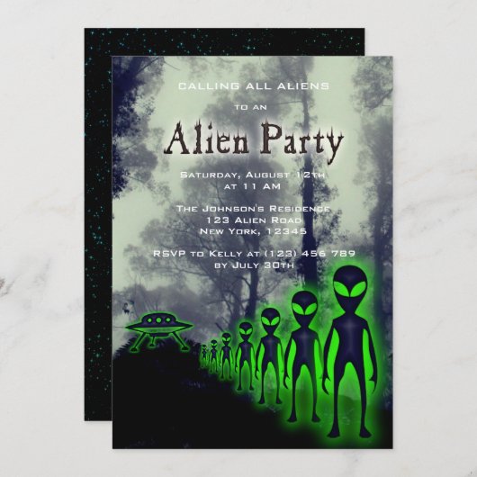 Super Coole Alien & UFO Party Einladung (Vorne/Hinten)