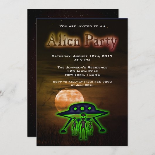 Super Coole Alien & UFO Party Einladung (Vorne/Hinten)