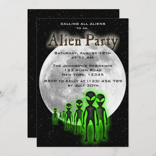Super Coole Alien & UFO Party Einladung (Vorne/Hinten)