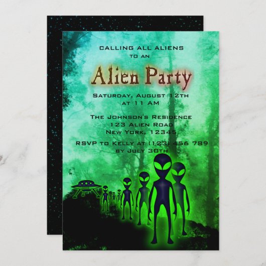 Super Coole Alien & UFO Party Einladung (Vorne/Hinten)