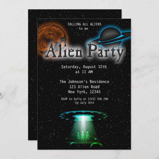 Super Coole Alien & UFO Party Einladung (Vorne/Hinten)