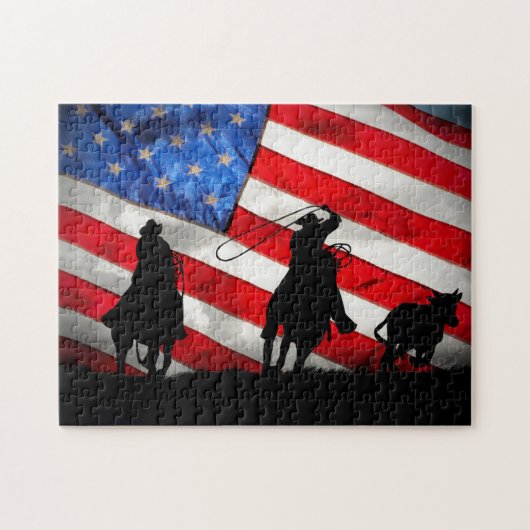 Super Coole Cowboys Roping Steer und Flag Puzzle (Horizontal)
