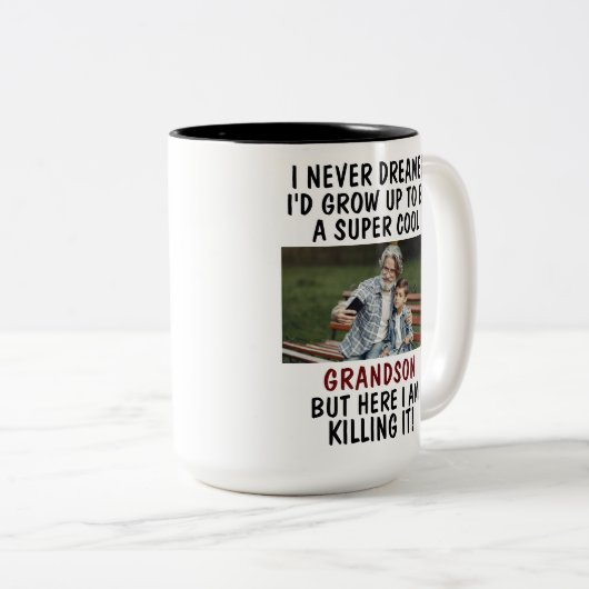 Super Cooler Grandson tötet es mit Custom 2 Foto Zweifarbige Tasse (VorderseiteRechts)