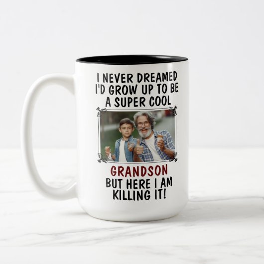 Super Cooler Grandson tötet es mit Custom 2 Foto Zweifarbige Tasse (Links)