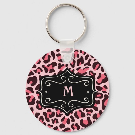 Super Cooles Hot Pink Black Leopard Print Monogram Schlüsselanhänger (Vorderseite)