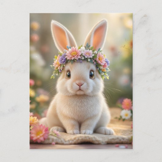 Super cute bunny with a flower wreath on its head postkarte (Vorderseite)