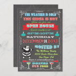 Super Fun Chalkboard Christmas Open House Einladung<br><div class="desc">Freuen Sie sich auf einen Urlaub mit der Weihnachtseinladung im Posterstil mit Retro-Santa-Claus,  Bannern,  Cocktails und Ornamenten auf einem Chalkboard-Hintergrund mit lustiger Typografie. Das Wetter ist kalt,  der Apfel ist heiß,  also laden Sie Ihre Freunde ein,  wenn sie unartig sind oder nicht!</div>