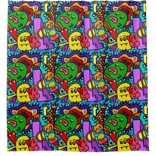 Super Fun Kids Doodle Creatures Blue Red Green Duschvorhang (Vorderseite)