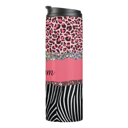 Super Girly Pink Glitzer Exotic Leopard Print Tri Thermosbecher (Nach rechts gedreht)