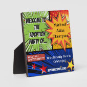 Super Hero Adoption Party Begrüßungszeichen Fotoplatte (Vorderseite)