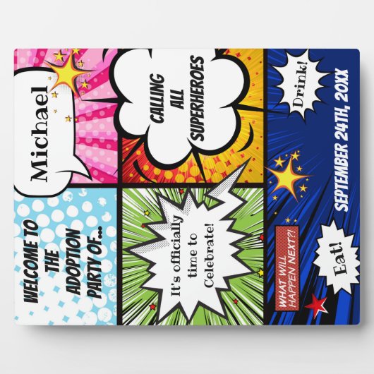 Super Hero Adoption Party Begrüßungszeichen Fotoplatte (Vorderseite)