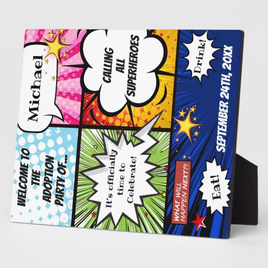 Super Hero Adoption Party Begrüßungszeichen Fotoplatte (Seite)