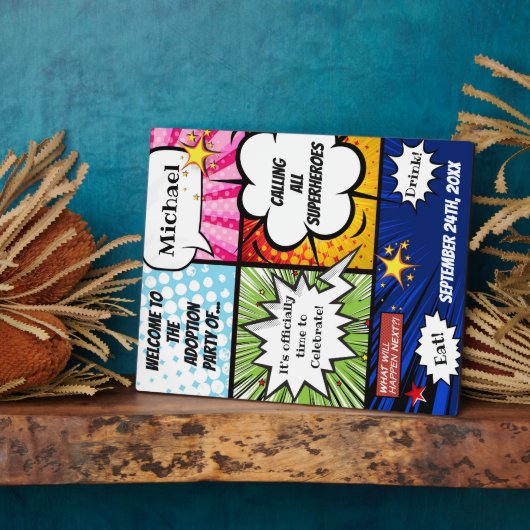 Super Hero Adoption Party Begrüßungszeichen Fotoplatte (Seite)
