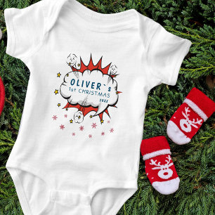 Super Hero Baby`s First Christmas Snowflakes Baby Strampler
