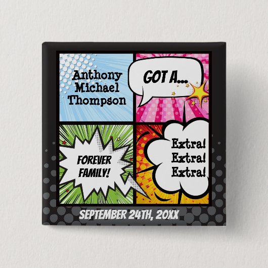 Super Hero Comic Book Adoption, Party Supplier Button (Vorderseite)