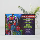 Super Hero Comic Book City Geburtstagsparty Einladung (Stehend Vorderseite)