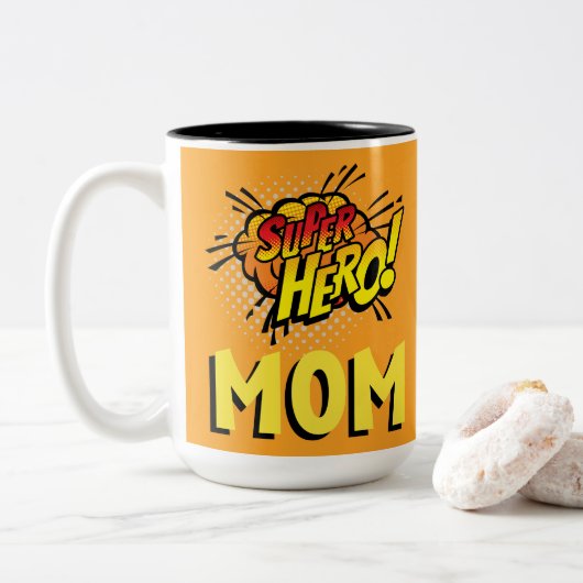 Super Hero Mama Comic Book Style Zweifarbige Tasse (Mit Donut)