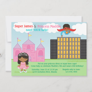 Super Hero und Princess Twins Joint Birthday Party Einladung
