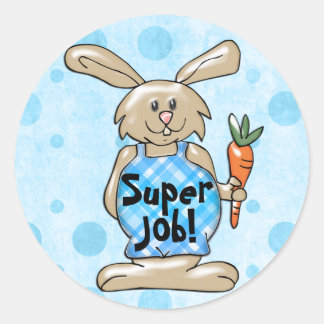 Super Job! Tan Bunny on Blue Round Reward Runder Aufkleber