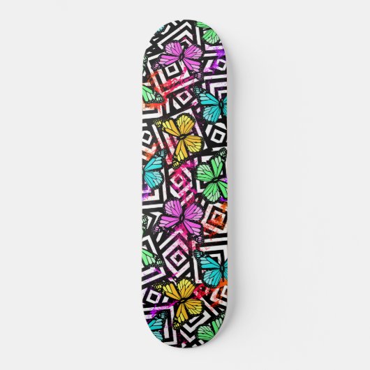 Super Kawaii Rainbow Splash Butterfly Squares Skateboard (Vorderseite)