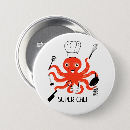 Super Koch Orange Octopus mit Kitchenutensilien Button (Vorne & Hinten)