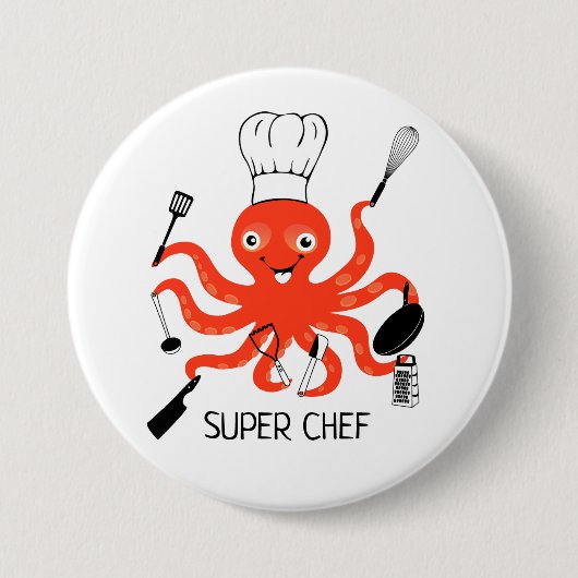 Super Koch Orange Octopus mit Kitchenutensilien Button (Vorderseite)