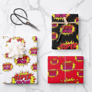 Super-Mama auf Rot, Weiß und Schwarz Geschenkpapier Set