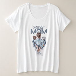 Super-Mama Blaue Wasserfarbe Mutter-und-Kinder-Kun Große Größe T-Shirt