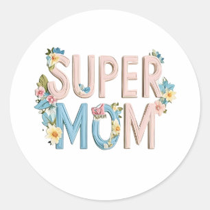 Super-Mama-Blumen-Text-Design Runder Aufkleber