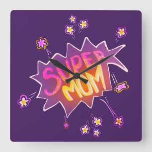 Super Mama Rosa Neon Blume Comic Blase Quadratische Wanduhr