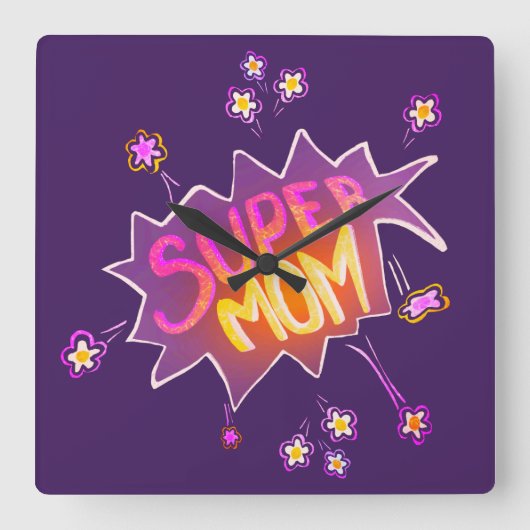 Super Mama Rosa Neon Blume Comic Blase Quadratische Wanduhr (Vorderseite)
