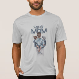 Super Mom Blue Watercolor Mother and Children Art T-Shirt