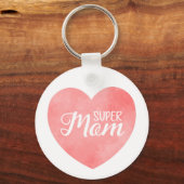 Super Mom Text in rosa Wasserfarbenherz Schlüsselanhänger (Vorderseite)