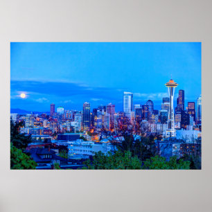 Super Mond steigt nahe der Skyline von Seattle Poster