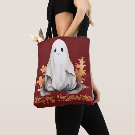 Super Niedlich Ghost Blätter Herbst Rotes Glück Ha Tasche (Von Nahem)
