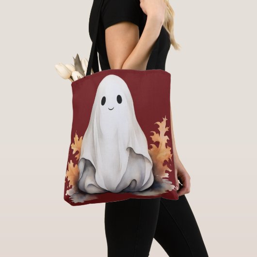 Super Niedlich Ghost Blätter Herbst Rotes Hallowee Tasche (Von Nahem)