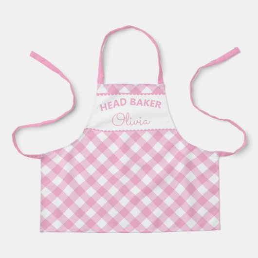 Super Niedlich Head Baker Pink Gingham Name Schürz Schürze (Vorderseite)
