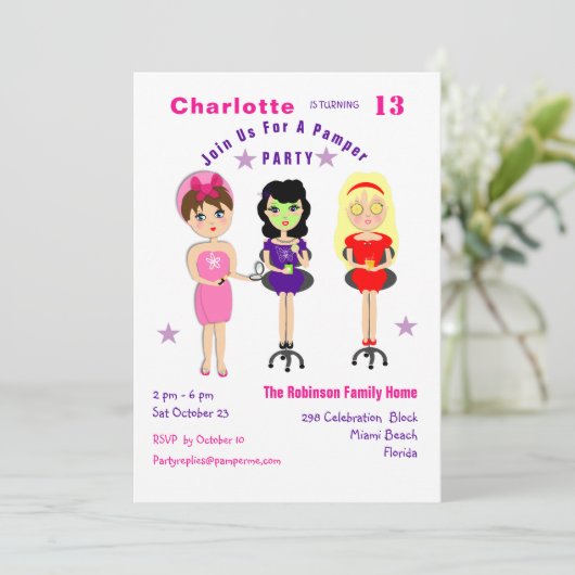 Super Niedlich Pamper Party Girls Birthday Invites Einladung (Stehend Vorderseite)