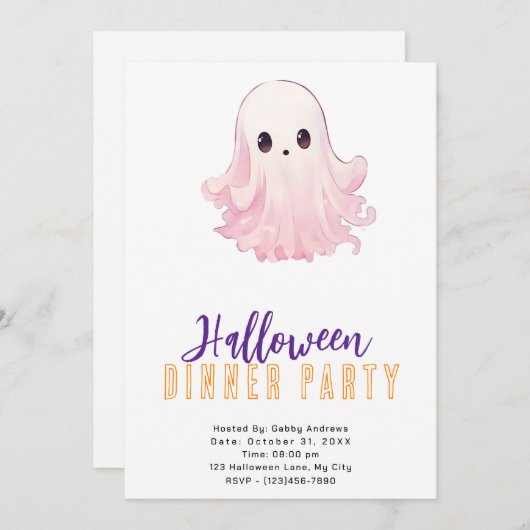 Super Niedlich Pink Ghost Halloween Abendessen Par Einladung (Vorne/Hinten)