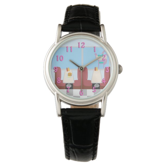 Super Niedlich Retro Fifties Diner Fun Time Cartoo Armbanduhr (Vorderseite)