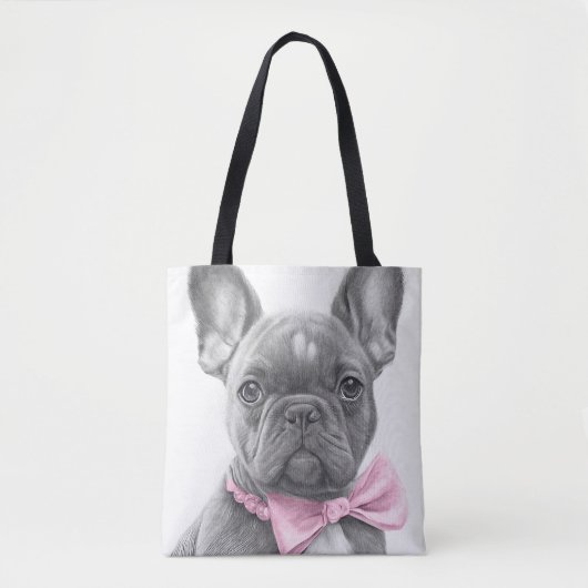 Super niedlich Sketch Frenchie Welpe mit rosa Boge Tasche (Vorderseite)