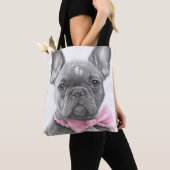 Super niedlich Sketch Frenchie Welpe mit rosa Boge Tasche (Von Nahem)