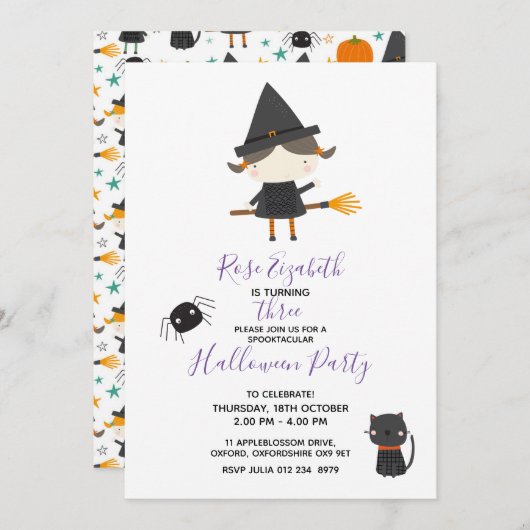 Super Niedliche Hexe Halloween Geburtstag Einladung (Vorne/Hinten)