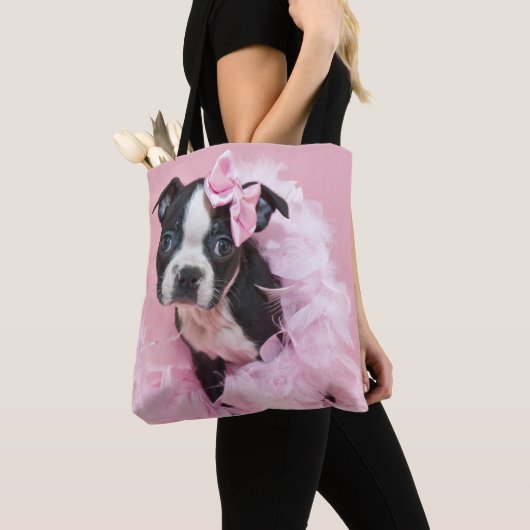 Super niedlicher Boston-Terrier-Welpe, der eine Tasche (Von Nahem)