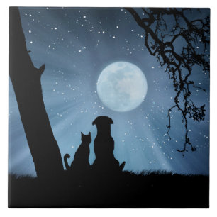 Super niedlicher Hund und Katze mit Moon Art Fliese