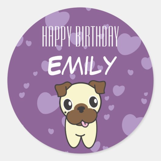 Super Niedlicher Mops Lila Herzdesign Runder Aufkleber (Vorderseite)