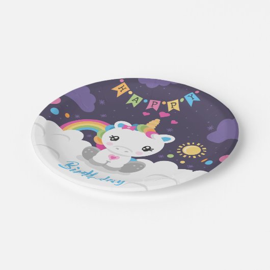 Super niedlicher Unicorn-Party-Teller Pappteller (Schrägansicht)