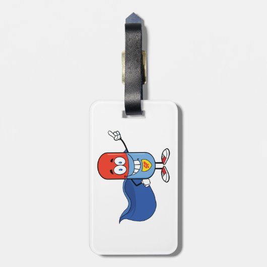 Super Pill Cartoon Hero Character Gepäckanhänger (Rückseite vertikal)