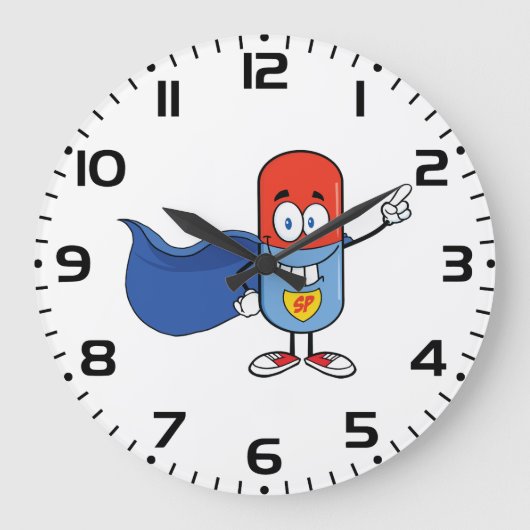 Super-Pillen-Comic-Held Charakter Große Wanduhr (Vorderseite)