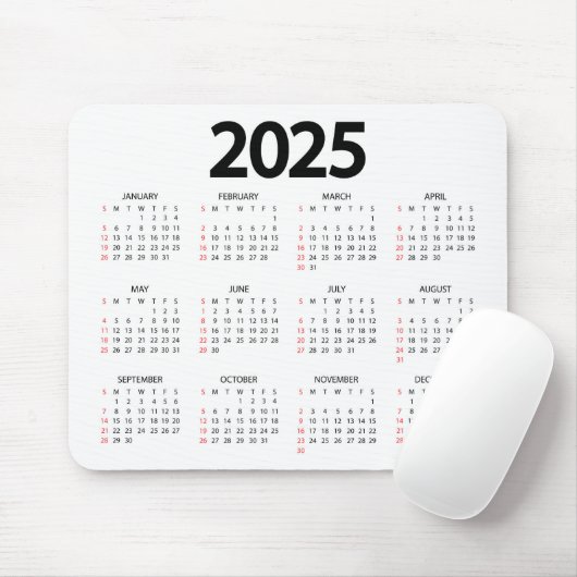 Super Simple 2025 White Background Calendar Mousepad (Mit Mouse)